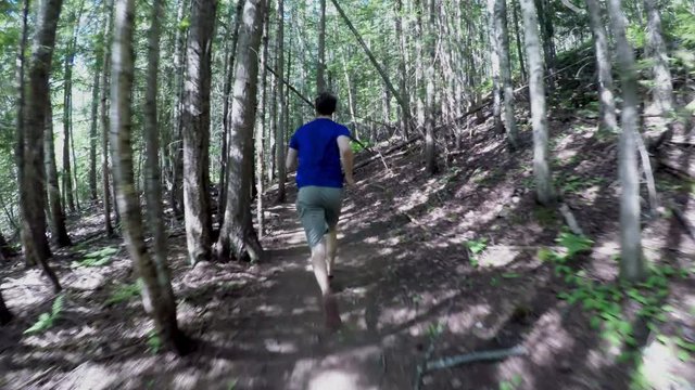 Man running in the forest on a sunny day 