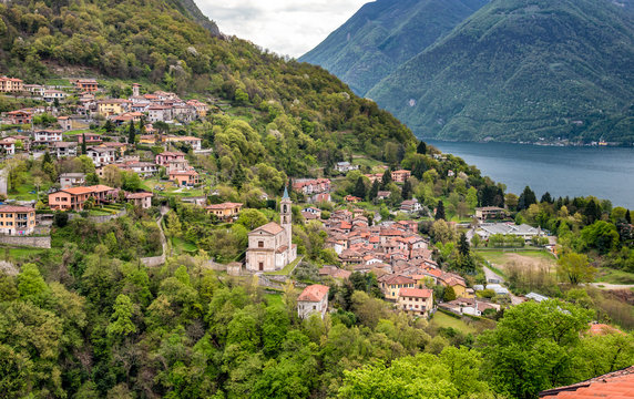 View of Loggio village from Castello Valsolda village, located on Lake Lugano province of Como, Italy