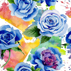 Fototapeta na wymiar Wildflower blue rose flower pattern in a watercolor style. Full name of the plant: rose, hulthemia, rosa. Aquarelle wild flower for background, texture, wrapper pattern, frame or border.