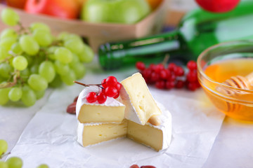Cheese, camembert, honey, green bottle, red berries, apples, pears, cheese with green grapes, peanuts, pink flower, minimalism, healthy food, French breakfast, pop art, retro style