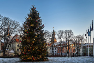 Riga, Latvia. Xmas Christmas Tree At Evening In Night Illuminations Lights.