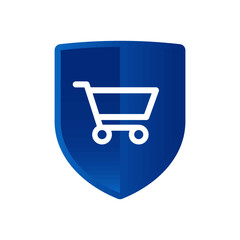 Shop cart icon on shield, buyer defense symbol, safety purchase