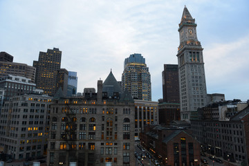 Boston Custom House and Financial District skyline at sunset, Boston, Massachusetts, USA.
