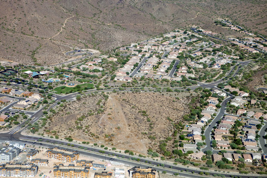 Houses in the desert of Arizona as seen from the air