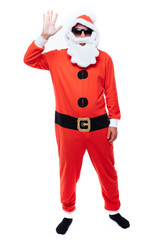 Santa Claus. Young Happy Emotional Santa Man Wave Gesture. Christmas Santa Presents Having Fun. New Year. Sporty Trendy Santa Claus.