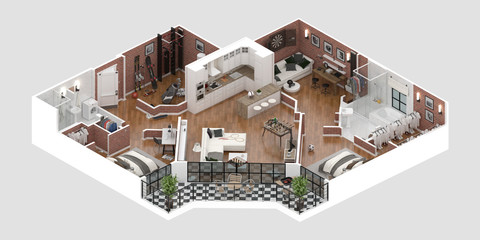 Floor plan of a house top view 3D illustration. Open concept living apartment layout
