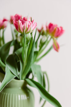 Pink frilly tulip flowers in a green vintage jug