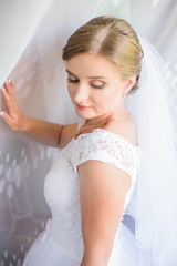 Beautiful bride portrait with veil over her face. portrait of young gorgeous bride. Wedding.