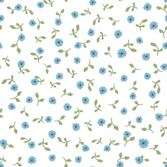 Cercles muraux Petites fleurs Joli motif floral sans couture. Petites fleurs bleues répétées et feuilles vertes sur fond blanc.