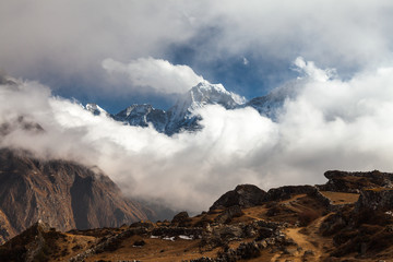 mountains in Himalayas, Nepal, on the hiking trail leading to the Everest base camp.