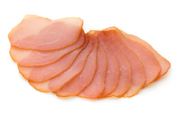 Sliced boiled ham sausage isolated on white background, top view.