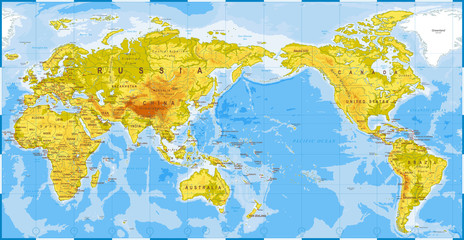 Fototapeta premium World Map Physical - Asia in Center - China, Korea, Japan