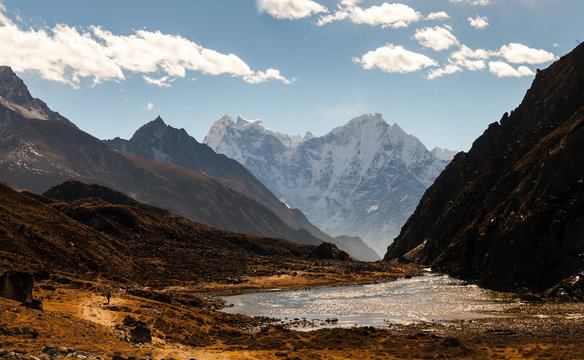 View to Gokyo, lake Dudh Pokhari, peak Gokyo Ri. Himalayas.