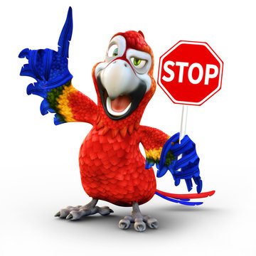 Humorous parrot holding a stop sign (stop and look concept) 3d rendering