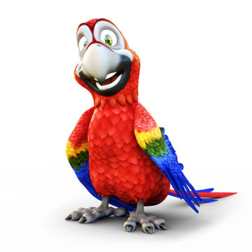 Humorous smiling parrot on an isolated white background. 3d rendering