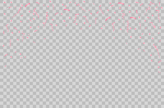 Pink Confetti On Transparent. Party Design. Vector Illustration.