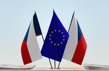 Two flags of Czech Republic and European Union flag between