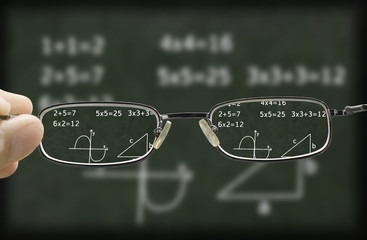 blurry vision of a green chalkboard with mathematic calculation on it corrected by the glasses