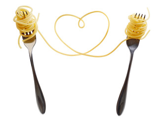 Swirls of cooked spaghetti with fork. Spaghetti heart shape. - obrazy, fototapety, plakaty