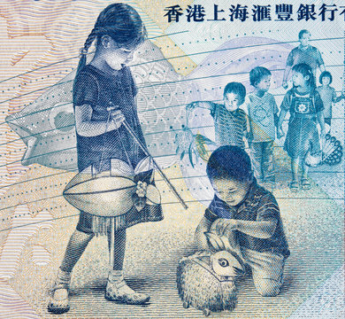 Mid-Autumn Festival on Hong Kong 20 dollars (2014) banknote close up, HongKong money closeup.