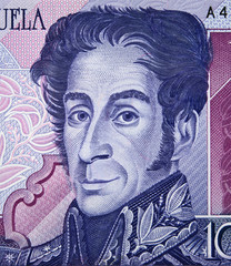 Simon Bolivar portrait on Venezuela 1000 bolivares (1998) banknote closeup, one of the greatest libertadores (liberators) of Spanish America, Venezuelan money close up..