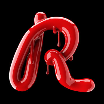 Leaky red alphabet on black background. Handwritten cursive letter R.