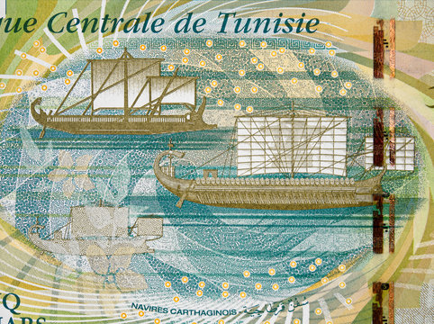 Carthaginian sailing ships on Tunisia 5 dinars (2013) banknote closeup, Tunisian money close up