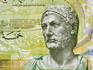 Hannibal (247 – 181 BC) portrait on Tunisia 5 dinars (2013) banknote closeup, Carthaginian general, one of the greatest military strategists in history.