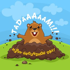 Illustration of the image "Happy Groundhog Day" with the inscription. Postcard for design on holiday. A happy marmot gets out of the hole.