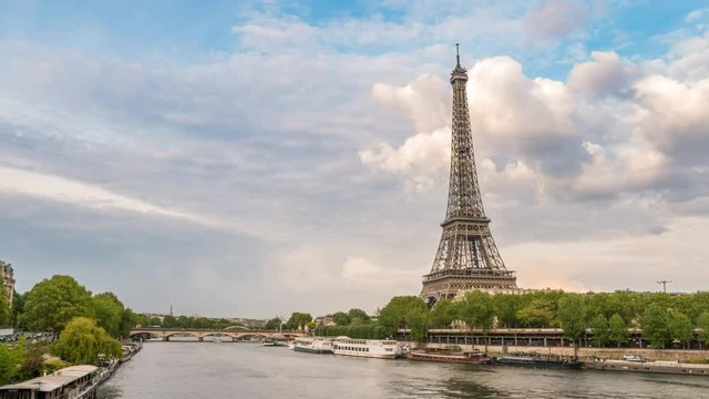 Paris city skyline motion timelapse (Hyperlapse) at Seine River and Eiffel Tower, Paris, France 4K Time lapse