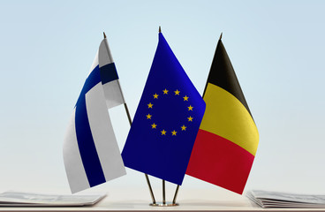 Flags of Finland European Union and Belgium