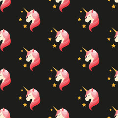 Unicorn with closed eyes. Pink mane. Seamless vector illustration.
