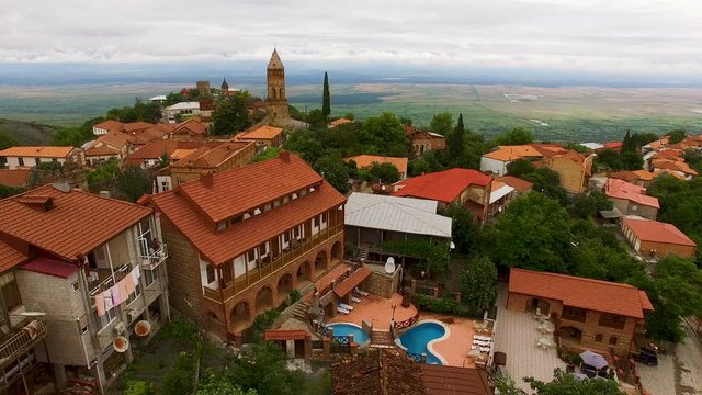 Marvelous aerial view of Signagi town overlooking Alazani valley, sightseeing