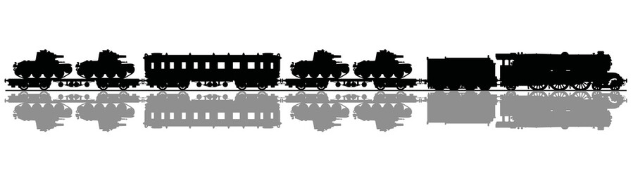 Fototapeta premium The black silhouette of a vintage military steam train