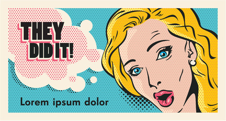 surprised blond woman face pop art style vector banner template