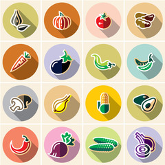 Vegetables flat style collection with long shadow. Vegetable labels.