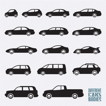 linear cars icons set, different bodies of cars