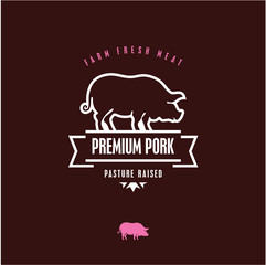 premium pork vector line label, pig icon, meat, food