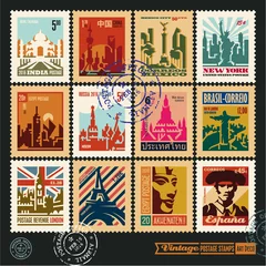  postage stamps, cities of the world, vintage travel labels and badges set, art deco style vector posters collection, seal and postmark design templates © etraveler