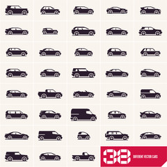 Cars icons set, different vector car types silhouettes