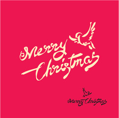Merry Christmas text, freehand drawing Christmas bird, flying bullfinch
