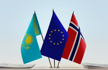 Obraz premium Flags of Kazakhstan European Union and Norway