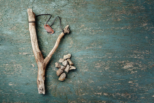 Homemade catapult and stones