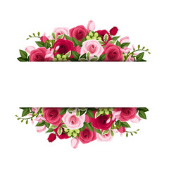 Vector banner with red and pink roses and freesia flowers and green leaves.