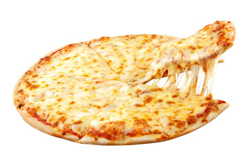 Pizza Margarita z mozzarellą, bazylią i pomidorem, szablon do projektowania i menu restauracji, na białym tle. - 187403589