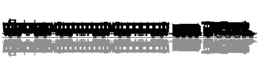 The black silhouette of a vintage passenger steam train - 187403733
