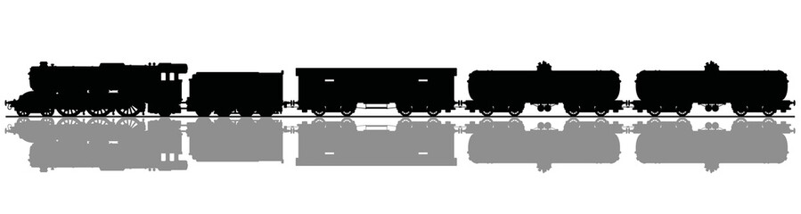The black silhouette of a vintage freight steam train