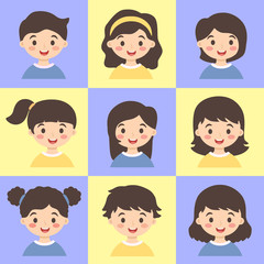 Cute kids face avatar cartoon character with different hair style vector illustration set