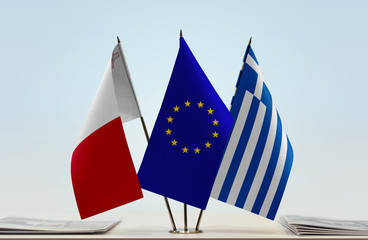 Flags of Malta European Union and Greece