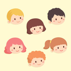 Cute Kids Character head with different hair style Vector illustration set. 